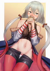 Rule 34 | 1girl, alternate costume, arm warmers, bare shoulders, black shorts, blue eyes, breasts, cleavage, coat, covered mouth, fur-trimmed coat, fur trim, girls&#039; frontline, gradient hair, grey hair, hair between eyes, hair ornament, hair ribbon, highres, lodbyy, long hair, low twintails, lwmmg (girls&#039; frontline), lwmmg (my lie in december) (girls&#039; frontline), medium breasts, midriff, multicolored hair, navel, off shoulder, open clothes, open coat, open fly, pantyhose, red pantyhose, ribbon, short shorts, shorts, solo, stomach, twintails