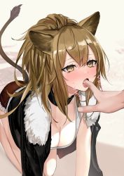 Rule 34 | 1girl, absurdres, all fours, animal ears, arknights, black choker, black jacket, blush, breasts, brown hair, choker, cleavage, commentary, drooling, eyelashes, feet out of frame, finger sucking, fur-trimmed jacket, fur-trimmed shorts, fur trim, hair between eyes, highres, jacket, lion ears, lion girl, lion tail, long hair, looking up, medium breasts, neko no youchuu, open clothes, open jacket, open mouth, ponytail, red shorts, saliva, short shorts, shorts, siege (arknights), solo focus, sound effects, sweatdrop, tail, tank top, white tank top, yellow eyes