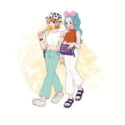Rule 34 | 1006, 2girls, alternate costume, aqua pants, bag, bare shoulders, blue eyes, blue hair, blue nails, bow, bracelet, breasts, brown eyes, collarbone, commentary, crop top, earrings, eating, english commentary, food, full body, hair behind ear, hat, high ponytail, holding, holding food, jewelry, long hair, medium breasts, mickey mouse ears, midriff, multicolored nails, multiple girls, nail polish, nami (one piece), navel, nefertari vivi, one piece, open mouth, orange hair, orange nails, pants, parted bangs, pink bow, sandals, shirt, shoes, short hair, shoulder bag, sneakers, swept bangs, toenail polish, toenails, toes, tongue, tongue out, turtleneck, walking, white footwear, white pants, white shirt
