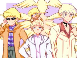 Rule 34 | angel wings, asuka ryou, blonde hair, blue eyes, chibi, choker, closed mouth, coat, devilman, devilman crybaby, eyebrows, feathered wings, feathers, highres, jacket, large wings, multiple boys, open mouth, pants, satan (devilman), shirt, short hair, sideburns, smile, striped clothes, striped shirt, sunglasses, white coat, white shirt, wings