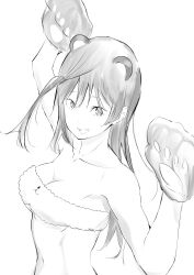 Rule 34 | 1girl, absurdres, adapted costume, animal ears, animal mittens, bandeau, black hair, breasts, cleavage, collarbone, commentary request, exciting animal (love live!), grey eyes, greyscale, highres, looking at viewer, love live!, love live! nijigasaki high school idol club, medium breasts, monochrome, one side up, sidelocks, solo, tommer, white background, yuki setsuna (love live!)