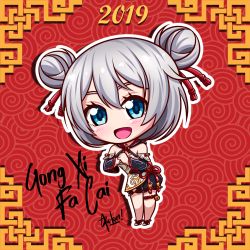 Rule 34 | 1girl, 2019, :d, azuma kyun, bare shoulders, blue eyes, chibi, chinese clothes, chinese new year, double bun, full body, hair between eyes, hair bun, hair ornament, highres, honkai (series), honkai impact 3rd, looking at viewer, open mouth, palm-fist greeting, red background, smile, solo, theresa apocalypse, theresa apocalypse (valkyrie pledge), white hair