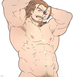 Rule 34 | 1boy, abs, armpit hair, bara, beard, brown eyes, brown hair, completely nude, eugen (granblue fantasy), eyepatch, facial hair, granblue fantasy, highres, large pectorals, looking at viewer, male focus, male pubic hair, muscular, nude, pectorals, pubic hair, rybiok, solo, sweat, upper body