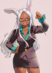 Rule 34 | 1girl, akiyama youkou, alternate costume, animal ears, aqua shirt, arm up, black jacket, boku no hero academia, breasts, cleavage, collarbone, collared shirt, crescent, dark-skinned female, dark skin, dress shirt, formal, glasses, grey background, hand on own hip, highres, holding, holding pointer, jacket, jewelry, large breasts, lipstick, long eyelashes, long hair, looking at viewer, makeup, mirko, necklace, parted bangs, parted lips, pencil skirt, pointer, rabbit ears, rabbit girl, red eyes, semi-rimless eyewear, shirt, simple background, skirt, skirt suit, smile, solo, suit, teacher, thighs, white hair
