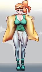 Rule 34 | 1girl, absurdres, blush, breasts, clothes grab, creatures (company), denim, futanari, game freak, highres, jeans, large breasts, large penis, long hair, nightpickle, nintendo, open clothes, open mouth, orange hair, pants, penis, pokemon, pokemon swsh, ponytail, solo, sonia (pokemon), sunglasses, sunglasses on head, testicles, veins, veiny penis