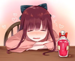 Rule 34 | 1girl, black bow, blush, bottle, bow, brown background, brown hair, brown kimono, chair, chiune (yachi), closed eyes, gradient background, hair bow, heart, heart background, japanese clothes, kimono, long hair, long sleeves, madenokouji asahi, nose blush, parted lips, smile, solo, table, tsumugu otome to taishou no tsuki, upper body, white background, wide sleeves