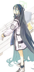 Rule 34 | 1girl, aqua eyes, aris (blue archive), black hair, black skirt, blue archive, blue hair, blue hairband, coat, gradient hair, hair between eyes, hairband, halo, highres, hiro (chumo), holding, long hair, long sleeves, looking at viewer, multicolored hair, one side up, open clothes, open coat, railgun, shoes, simple background, skirt, smile, sneakers, socks, solo, standing, very long hair, white background, white coat