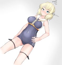 Rule 34 | 1girl, absurdres, black one-piece swimsuit, blonde hair, blue eyes, braid, breast cutout, breasts, colorado (kancolle), cosplay, covered navel, cowboy shot, crop top, dated, dutch angle, framed breasts, gradient background, hand on own hip, headgear, highres, i-13 (kancolle), i-13 (kancolle) (cosplay), kantai collection, large breasts, maru (marg0613), necktie, one-hour drawing challenge, one-piece swimsuit, sailor collar, school swimsuit, short hair, side braids, solo, swimsuit, swimsuit under clothes, twitter username, white background, white necktie, white sailor collar