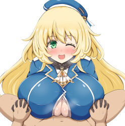 Rule 34 | 1boy, 1girl, ascot, atago (kancolle), beret, black gloves, blonde hair, blue headwear, blush, breasts, gloves, green eyes, hat, hetero, highres, holding hands, kantai collection, kyu horn, large breasts, long hair, looking at viewer, military uniform, one eye closed, open mouth, paizuri, paizuri under clothes, pov, solo focus, textless version, uniform