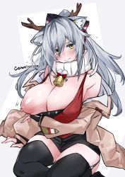 Rule 34 | 1girl, animal ears, antlers, arknights, arm under breasts, bell, black bow, black shorts, black thighhighs, blush, bow, breast hold, breasts, brown coat, cat ears, cleavage, closed mouth, coat, commentary, commission, earpiece, fake antlers, feet out of frame, garter straps, grey background, hair between eyes, hair bow, heart, highres, horns, large areolae, large breasts, long hair, looking at viewer, neck bell, nipples, off shoulder, official alternate costume, one breast out, open clothes, open coat, ponytail, red tank top, schwarz (arknights), schwarz (presents) (arknights), short shorts, shorts, silver hair, simple background, sitting, smile, solo, sweat, sweatdrop, tank top, thighhighs, white background, yellow eyes, yuteka (yute nut)