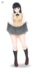 Rule 34 | 1girl, absurdres, amagami, ayatsuji tsukasa, black bow, black bowtie, black eyes, black hair, black socks, blush, bow, bowtie, breasts, brown footwear, closed mouth, clothes lift, collared shirt, full body, gluteal fold, grey skirt, highres, kero320, kibito high school uniform, kneehighs, light smile, loafers, long hair, long sleeves, looking at viewer, medium breasts, pleated skirt, revision, school uniform, shirt, shoes, simple background, skirt, skirt lift, socks, solo, standing, straight hair, sweater vest, v-neck, white background, white shirt, yellow sweater vest