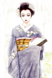 Rule 34 | 1girl, bad id, bad pixiv id, brown hair, closed eyes, fm77 (artist), japanese clothes, kimono, pale skin, solo