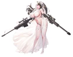 Rule 34 | 1girl, animal ears, ankle strap, anti-materiel rifle, barrett m82, black hair, bow, bow legwear, bow panties, bra, breasts, bridal veil, bride, cat ears, contrapposto, curvy, destiny child, dress, dual wielding, earrings, female focus, floating hair, flower, flower ornament, full body, g-string, gloves, groin, gun, hair flower, hair ornament, hair ribbon, head tilt, heart, heart-shaped pupils, high heels, highleg, highleg panties, hildr (destiny child), holding, holding gun, holding weapon, huge breasts, hyulla, jewelry, lace, lace-trimmed bra, lace-trimmed headwear, lace-trimmed legwear, lace-trimmed panties, lace bra, lace panties, lace trim, lingerie, lipstick, long hair, looking at viewer, makeup, mole, mole on arm, mole on breast, mole on thigh, navel, necklace, official art, open mouth, panties, pink eyes, ponytail, purple eyes, ribbon, ribbon-trimmed clothes, ribbon-trimmed legwear, ribbon trim, rifle, side-tie panties, sideboob, sniper rifle, solo, standing, stiletto heels, stomach, strapless, strapless bra, strappy heels, swept bangs, symbol-shaped pupils, thick thighs, thighs, thong, transparent background, underwear, veil, veil lift, weapon, wedding dress, wedding lingerie, white bra, white footwear, white gloves, white legwear, white panties