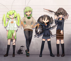 Rule 34 | 4girls, :/, :o, antennae, arm at side, arms at sides, arthropod girl, beige sweater, black eyes, black footwear, black hair, black jacket, black socks, black sweater, blazer, bow, bowtie, braid, breasts, brown footwear, brown hair, brown skirt, bug, buttons, closed mouth, clothes around waist, collared shirt, commentary request, crossed arms, dress shirt, everyone, evolvingmonkey, extra eyes, flat chest, full body, grasshopper, grasshopper inoue, green hair, green nails, green neckwear, green sweater, grey eyes, grey skirt, hair over eyes, hand up, hands on own hips, height chart, highres, insect, insect girl, jacket, kneehighs, light smile, lineup, long hair, long sleeves, looking at viewer, mantis akiyama, mantis girl, medium breasts, multiple girls, nail polish, open mouth, open palm, orange neckwear, original, pantyhose, parted bangs, partial commentary, plaid, plaid neckwear, plaid skirt, pleated skirt, ponytail, popped collar, praying mantis, prehensile hair, red eyes, school uniform, scorpion, scorpion tsuchida, sharp teeth, shirt, shoes, short hair, skirt, sleeves past wrists, sleeves rolled up, sneakers, socks, spider, spider girl, spider itou, standing, sweater, sweater around waist, teeth, thick eyebrows, thighhighs, twintails, two side up, waving, white shirt, wing collar, worm, yellow neckwear, ||/