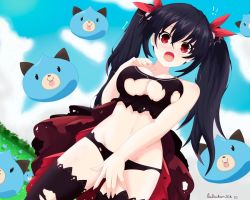Rule 34 | 1girl, black hair, blush, covering privates, covering crotch, lalachan208, neptune (series), noire (neptunia), red eyes, torn clothes, twintails