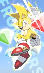 Rule 34 | 1boy, animal nose, aura, banel springer, chaos emerald, closed mouth, copyright name, floating, full body, furry, furry male, gloves, highres, looking at viewer, male focus, shoes, smile, solo, sonic (series), sonic frontiers, sonic the hedgehog, super sonic, white gloves