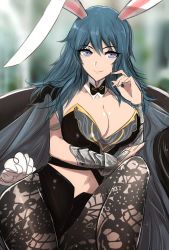 Rule 34 | 1girl, alternate costume, animal ears, artist name, blue eyes, blue hair, breasts, brown pantyhose, byleth (female) (fire emblem), byleth (fire emblem), cleavage, closed mouth, detached collar, fake animal ears, fire emblem, fire emblem: three houses, highres, large breasts, leotard, nintendo, omiza somi, pantyhose, playboy bunny, rabbit ears, shiny skin, smile, solo