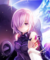 Rule 34 | 1girl, black gloves, breasts, breasts apart, command spell, elbow gloves, fate/grand order, fate (series), gloves, hair over one eye, holding hands, interlocked fingers, looking at viewer, mash kyrielight, medium breasts, outdoors, pink hair, purple eyes, shirt, short hair, sky, sleeveless, smile, tattoo, toh., white shirt