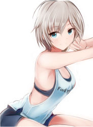 Rule 34 | anastasia (idolmaster), armpits, bare arms, bare shoulders, blue bra, blue eyes, blue shorts, blue tank top, bra, breasts, cleavage, grey hair, hair between eyes, idolmaster, idolmaster cinderella girls, nannacy7, short hair, shorts, simple background, sitting, sleeveless, small breasts, smile, solo, sports bra, tank top, underwear, white background