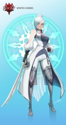 Rule 34 | 1girl, arm cutout, black gloves, blue eyes, boots, character name, closed mouth, copyright name, full body, gloves, grey footwear, high heel boots, high heels, highres, holding, holding sword, holding weapon, pants, rwby, short hair, silver hair, solo, standing, swept bangs, sword, thigh boots, thighhighs, uyalago, weapon, white pants, winter schnee