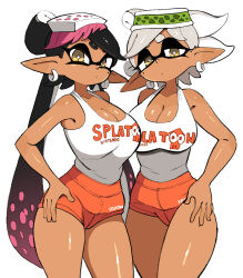 Rule 34 | + +, 2girls, black hair, breasts, callie (splatoon), cleavage, closed mouth, commission, copyright name, cousins, dot mouth, earrings, grey hair, hand on own hip, highres, inkling, jewelry, large breasts, long pointy ears, looking at viewer, marie (splatoon), multiple girls, nintendo, orange shorts, pointy ears, shirt, shorts, simple background, skeb commission, sleeveless, sleeveless shirt, splatoon (series), splatoon 1, tan, tentacle hair, white background, white hair, white shirt, yellow eyes, yuta agc