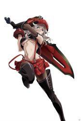Rule 34 | 10s, 1girl, alisa ilinichina amiella, black footwear, black pantyhose, blue eyes, boots, bracelet, breasts, elbow gloves, fingerless gloves, gloves, god eater, god eater burst, hat, highres, huge weapon, jewelry, large breasts, long hair, looking at viewer, midriff, official art, pantyhose, plaid, plaid skirt, simple background, skirt, solo, suspender skirt, suspenders, sword, thigh boots, thighhighs, underboob, weapon, white hair
