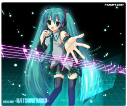 Rule 34 | 1girl, aqua hair, black background, black thighhighs, foreshortening, hatsune miku, hayashi sakura, long hair, music, musical note, outstretched arm, outstretched hand, quaver, singing, solo, staff (music), thighhighs, twintails, very long hair, vocaloid