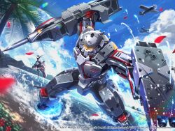 Rule 34 | 1boy, 1girl, aircraft, april fools, armor, armored bodysuit, azur lane, beach, commander (azur lane), copyright name, enterprise (azur lane), holding, holding weapon, kenko (a143016), looking at viewer, male focus, official art, outdoors, pile bunker, power armor, tree, water, weapon, white hair