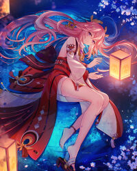 Rule 34 | 1girl, absurdres, animal ears, anklet, artist name, bare legs, bare shoulders, barefoot, celtreny, closed mouth, commentary, commentary request, detached sleeves, earrings, english commentary, feet, floral print, flower, fox ears, full body, genshin impact, highres, jewelry, lantern, legs, long hair, looking at viewer, lying, mixed-language commentary, obi, on side, pink hair, purple eyes, sandals, sash, shirt, solo, toes, very long hair, water, white shirt, white sleeves, yae miko