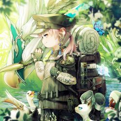 Rule 34 | 1girl, arm tattoo, armor, backpack, bag, barding, belt, belt pouch, bird, black pants, blue butterfly, blue eyes, blurry, bug, butterfly, cat, chest belt, chocobo, commentary, cowboy shot, depth of field, dodo (bird), duck, ear piercing, earrings, eyeshadow, feathers, final fantasy, final fantasy xiv, fingerless gloves, flower, from side, gloves, glowing flower, grass, green gloves, green jacket, green nails, hair tie, hand up, highres, holding strap, insect, jacket, jewelry, lalafell, leaf, letter, looking down, makeup, medium hair, mixed-language commentary, nail polish, outdoors, pants, pauldrons, petting, piercing, pink hair, plant, pointy ears, ponytail, postage stamp, postcard, pouch, profile, red eyeshadow, ruoliang, scroll, scroll tube, shark, shoulder armor, smile, solo, standing, tassel, tassel earrings, tattoo, warrior of light (ff14), water