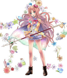 Rule 34 | 1girl, atelier (series), atelier meruru, bloomers, blush, bottle, bow, breasts, cape, cleavage, crown, female focus, floral background, flower, full body, green eyes, gust, half updo, hand on own hip, hip focus, long hair, medium breasts, merurulince rede arls, multicolored clothes, open mouth, orange hair, red bow, red flower, red rose, ribbon, rose, shoes, skirt, smile, solo, sonictune, wand, white bloomers, yellow skirt
