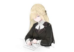 Rule 34 | 1girl, black jacket, blonde hair, blue eyes, braid, closed mouth, collar, collared shirt, cz52 (girls&#039; frontline), girls&#039; frontline, hair ornament, hair over one eye, highres, holding, holding pen, jacket, long hair, long sleeves, looking down, paper, pen, rampart1028, shirt, simple background, sitting, solo, upper body, white background, white shirt, writing