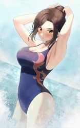 Rule 34 | 1girl, adjusting hair, armpits, arms up, blue one-piece swimsuit, blue sky, blush, breasts, brown hair, cleavage, cloud, commentary request, competition swimsuit, day, green eyes, hair bun, highres, idolmaster, idolmaster cinderella girls, large breasts, looking at viewer, mukai takumi, ocean, one-piece swimsuit, outdoors, parted lips, print swimsuit, shangzi, sidelocks, sky, solo, swimsuit, water, wet, wet hair