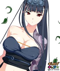 Rule 34 | 1girl, bare shoulders, black hair, blunt bangs, breasts, character request, cleavage, copyright name, covered erect nipples, gals kiss, headband, large breasts, leaf, london inu, long hair, midriff, solo, transparent background