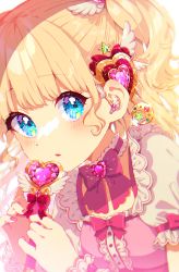 Rule 34 | 1girl, backlighting, blonde hair, blue eyes, blush, bow, commentary request, crescent, dress, hair ornament, heart, heart hair ornament, highres, holding, holding wand, long hair, looking at viewer, magical girl, mamyouda, original, parted lips, pink dress, puffy short sleeves, puffy sleeves, red bow, short sleeves, simple background, solo, two side up, upper body, wand, white background