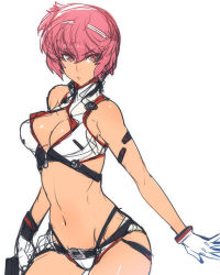 Rule 34 | 1girl, armband, ban! (bansankan), bare shoulders, breast cutout, collarbone, dirty pair, gloves, hairband, halterneck, highres, kei (dirty pair), looking to the side, navel, pink eyes, pink hair, short hair, simple background, sketch, solo, tsurime, white background