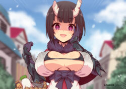 Rule 34 | 1girl, artist name, black bra, black capelet, black gloves, black hair, blurry, blurry background, blush, bra, breasts, breasts apart, broken horn, capelet, cleavage, covered erect nipples, demon girl, dot nose, elbow gloves, eriko (princess connect!), eyebrows, eyelashes, female focus, from below, fur-trimmed capelet, fur trim, gauntlets, gloves, glowing, glowing eyes, hand on own face, hand up, horns, large breasts, looking at viewer, looking down, medium hair, naughty face, oni, open clothes, open mouth, open shirt, outdoors, pov, princess connect!, purple eyes, red capelet, shaded face, shirt, smile, solo, two-tone capelet, underwear, upper body, virus-g, white horns, white shirt, yandere
