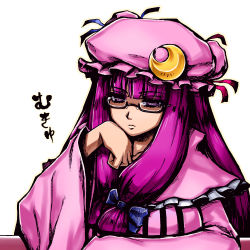 Rule 34 | 1girl, bespectacled, bow, head rest, crescent, female focus, glasses, hair bow, hat, long hair, mukyuu, patchouli knowledge, purple eyes, purple hair, sentarou, solo, touhou
