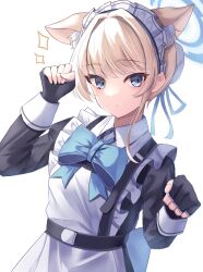 Rule 34 | 1girl, animal ears, apron, black gloves, blonde hair, blue archive, blue bow, blue bowtie, blue ribbon, bow, bowtie, bun cover, cat ears, chest harness, closed mouth, fingerless gloves, frilled apron, frills, gloves, green eyes, hair ribbon, halo, harness, kemonomimi mode, long sleeves, looking at viewer, maid, nekoya crow, paw pose, ribbon, short hair, simple background, solo, toki (blue archive), upper body, white apron, white background