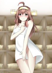 Rule 34 | 10s, 1girl, ahoge, bare shoulders, blurry, blush, brown eyes, brown hair, collarbone, covering privates, covering crotch, cowboy shot, depth of field, headgear, highres, indoors, jitei, kantai collection, kongou (kancolle), light smile, long hair, looking at viewer, naked towel, shelf, solo, towel