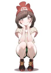 Rule 34 | 1girl, beanie, black hair, closed mouth, creatures (company), full body, game freak, green shorts, hands on own face, hat, nintendo, pokemon, pokemon sm, red hat, selene (pokemon), shoes, short hair, short sleeves, shorts, simple background, smile, solo, squatting, white background, zuizi