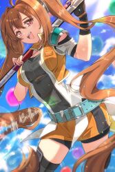 Rule 34 | 1girl, ahoge, antenna hair, brown hair, cropped jacket, double-parted bangs, eiyuu densetsu, english text, estelle bright, fingerless gloves, gloves, hair between eyes, highres, holding, holding staff, holding weapon, jewelry, long hair, looking at viewer, necklace, open mouth, red eyes, sen no kiseki, shorts, smile, solo, sora no kiseki, staff, twintails, very long hair, weapon, zer00han
