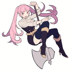 Rule 34 | 1girl, artist name, axe, black footwear, boots, do m kaeru, female focus, fire emblem, fire emblem: three houses, garreg mach monastery uniform, high heel boots, high heels, hilda valentine goneril, holding, holding axe, long hair, looking at viewer, lower teeth only, matching hair/eyes, nintendo, open mouth, pink eyes, pink hair, pointing, smile, solo, teeth, thighhighs, twintails