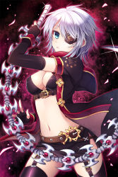 Rule 34 | 1girl, belt, black thighhighs, blue eyes, breasts, elbow gloves, eyepatch, fingerless gloves, garter straps, gloves, holding, iri flina, looking at viewer, mauve, medium breasts, navel, revision, short hair, silver hair, solo, sword girls, thighhighs, weapon, whip sword