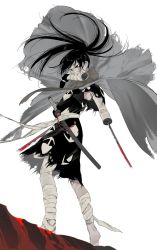Rule 34 | 1boy, amputee, bandaged leg, bandages, barefoot, black hair, blade, blood, bloody weapon, brown scarf, cloak, dororo (tezuka), eyeshadow, grey cloak, highres, hyakkimaru (dororo), katana, long hair, makeup, male focus, mouth hold, nkvoop, patterned, patterned clothing, pink eyeshadow, prosthesis, prosthetic arm, scabbard, scarf, sheath, sheathed, simple background, solo, standing, sword, torn, torn cloak, torn clothes, weapon, white background