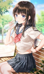 Rule 34 | 1girl, absurdres, bare arms, bare legs, bench, black hair, black skirt, blouse, blue eyes, blue sailor collar, blurry, blush, bottle, bow, bowtie, collarbone, commentary request, crop top, day, depth of field, from side, hand up, highres, holding, holding bottle, lens flare, long hair, looking at viewer, midriff, miniskirt, navel, original, outdoors, park bench, parted lips, pleated skirt, red bow, sailor collar, school uniform, serafuku, shirt, short sleeves, sidelocks, sitting, skirt, solo, sweat, tokkyu, tree, water bottle, white shirt