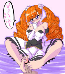 Rule 34 | 1girl, aq interactive, arcana heart, arcana heart 2, arm behind back, atlus, bare shoulders, barefoot, between toes, blush, breasts, censored, dress, drill hair, elbow gloves, examu, feet, flower, footjob, gloves, hair flower, hair ornament, heavy breathing, large breasts, long hair, numadaira, orange hair, penis, petra johanna lagerkvist, purple eyes, rose, solo focus, strapless, strapless dress, sweatdrop, toes, translated, twin drills, twintails