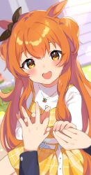Rule 34 | 1girl, animal ears, belt, blurry, blurry background, blush, casual, commentary request, holding hands, highres, horse ears, inuyama nanami, jewelry, looking at viewer, mayano top gun (umamusume), necklace, open mouth, orange eyes, orange hair, pov, pov hands, solo focus, umamusume