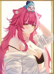 1girl animal animal_ear_fluff animal_ears animal_on_head arm_up black_bra bra breasts cat_ears cat_girl chattino_(raora_panthera) cleavage highres hololive hololive_english large_breasts long_hair looking_at_viewer off_shoulder on_head partially_unbuttoned pink_hair raora_panthera shirt simple_background sinq39desu solo underwear upper_body very_long_hair virtual_youtuber white_background white_shirt yellow_eyes