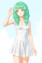 Rule 34 | 1girl, closed mouth, dress, drill hair, fire emblem, fire emblem: three houses, flayn (fire emblem), green eyes, green hair, hair ornament, hairclip, highres, looking to the side, miura-n315, nintendo, solo, twin drills, white dress